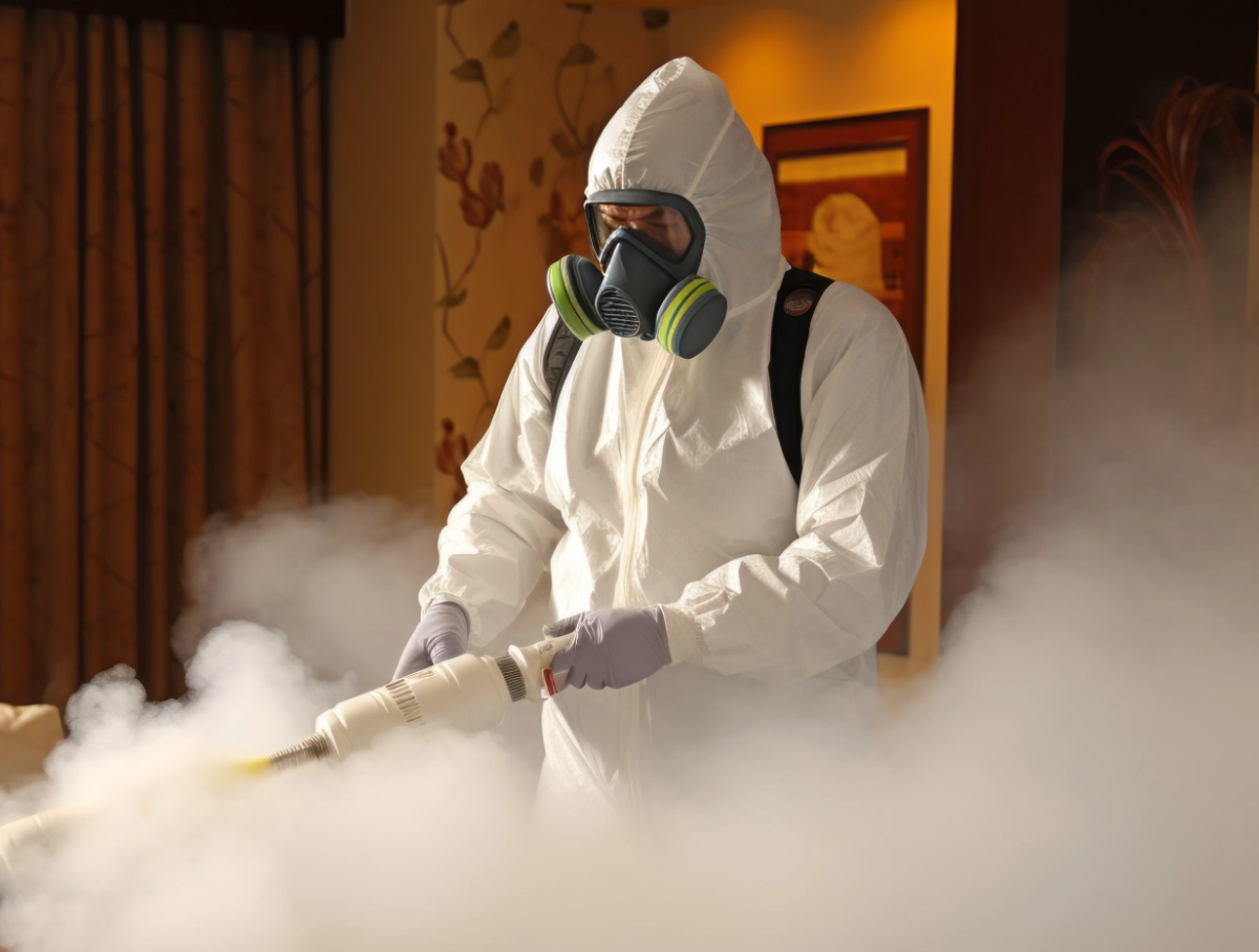 Technicien certifié Certibiocide en EPI intégral réalisant une nébulisation insecticide en chambre